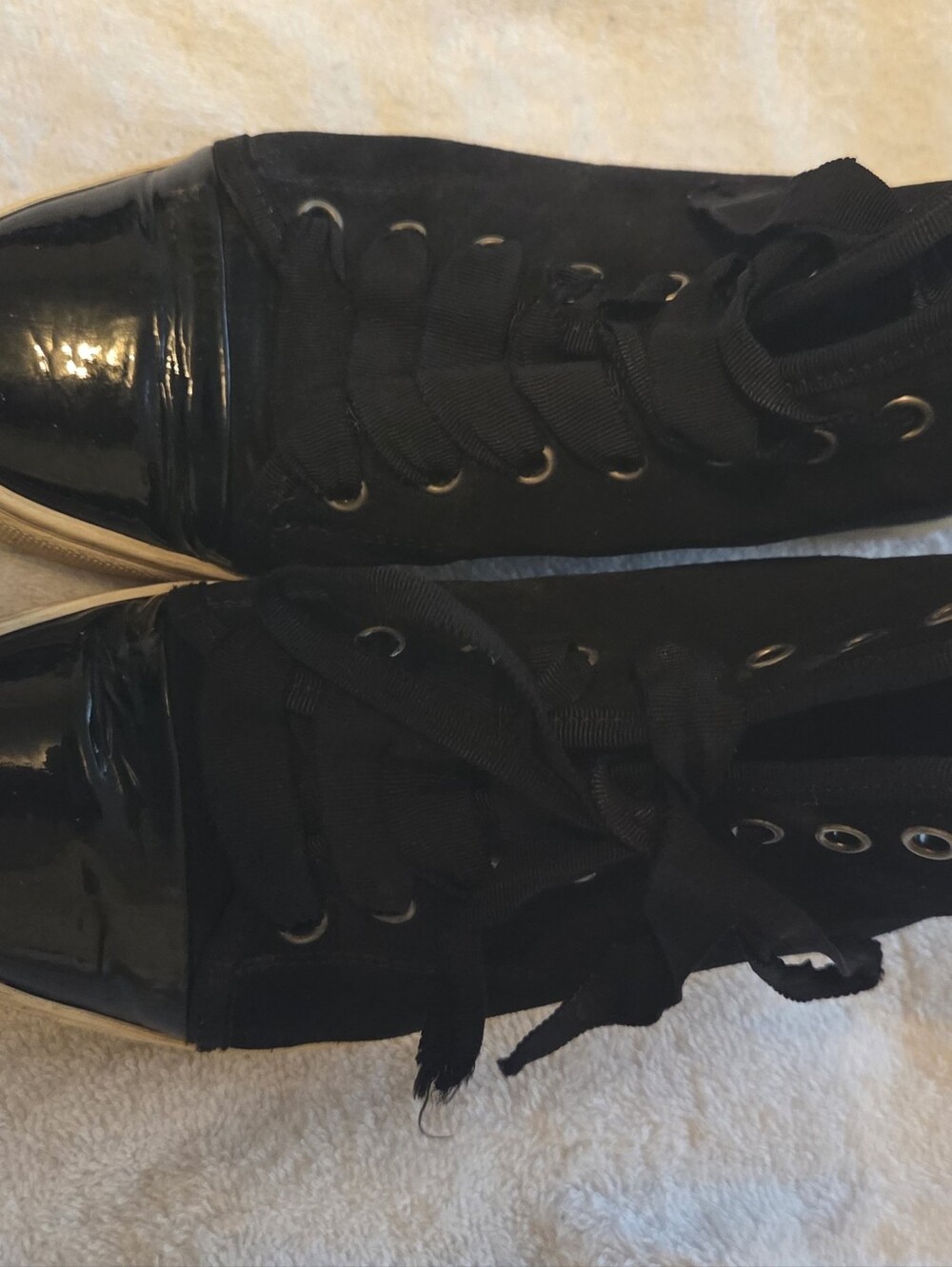 Women’s Suede Black Lace-Up High Top Sneakers with PatentCap Toe.